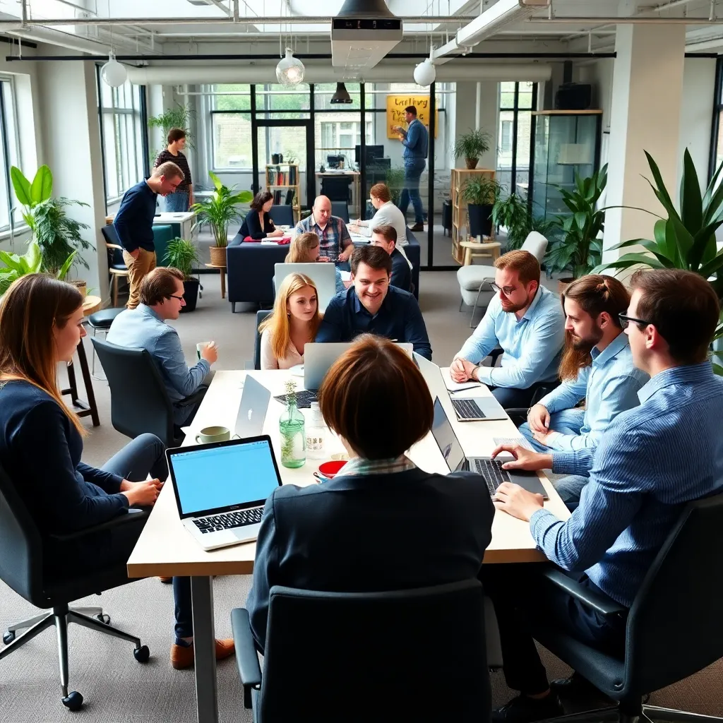 Nederlandse teamleider bespreekt strategie met diverse collega's in modern kantoor