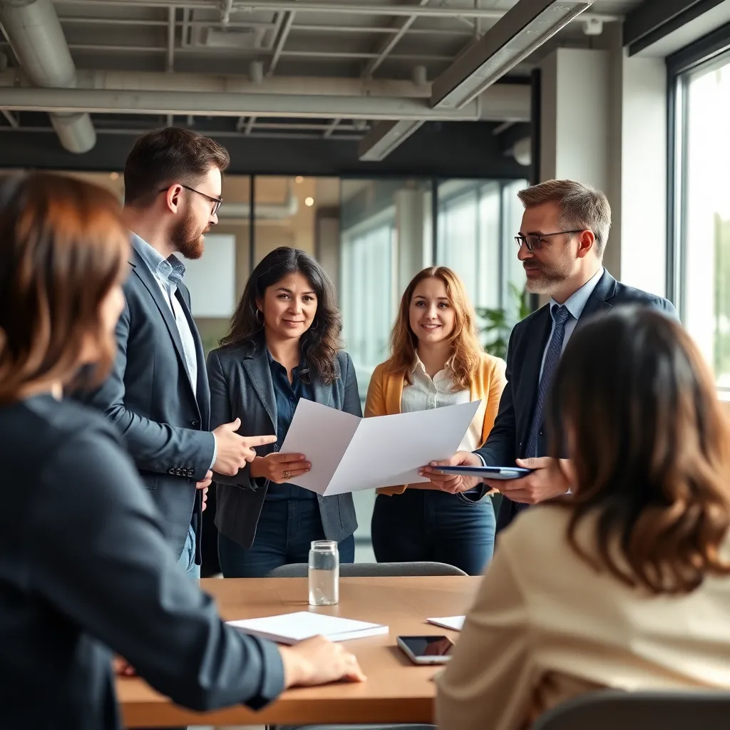 Nederlandse teamleider bespreekt strategie met diverse collega's in modern kantoor