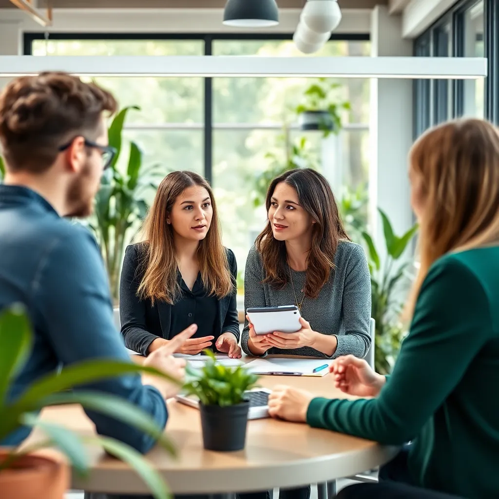 Teamleider bespreekt werk-privé balans tijdens teamoverleg in groen kantoor in Utrecht